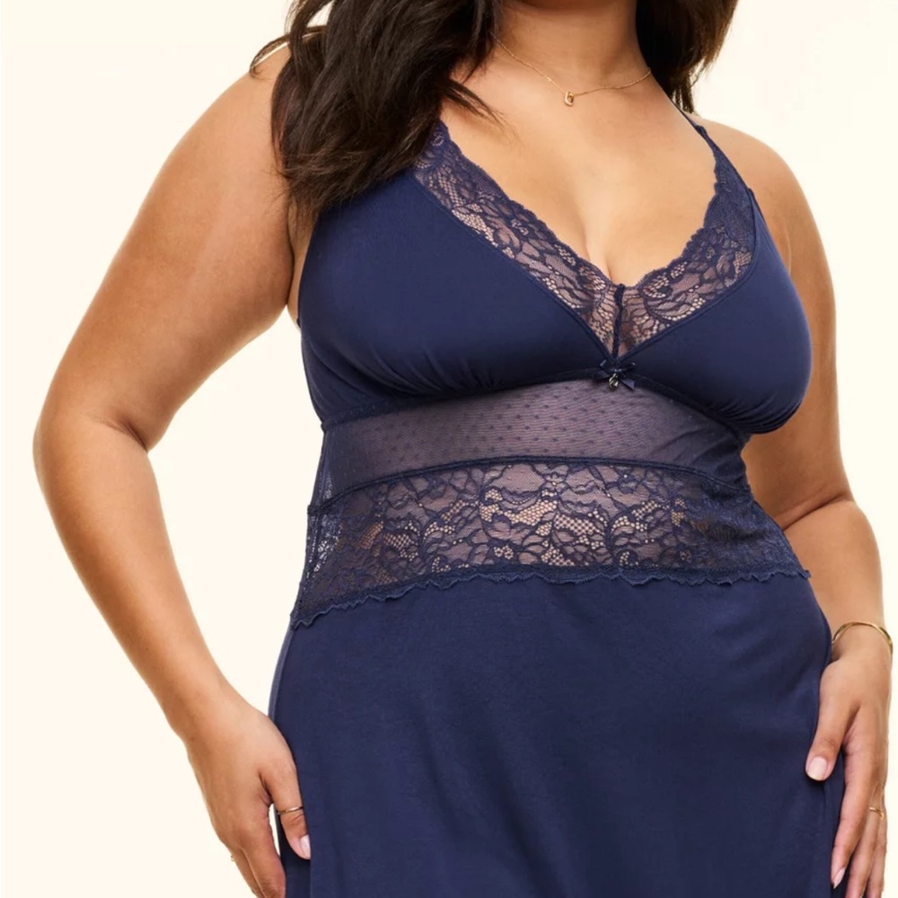 Adore Me Navy Lace-Trim Chemise with Sheer Waist Panel